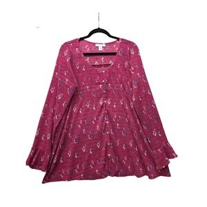 Motherhood Maternity Pink Floral Button Front Blouse Ruffle Sleeve Size L